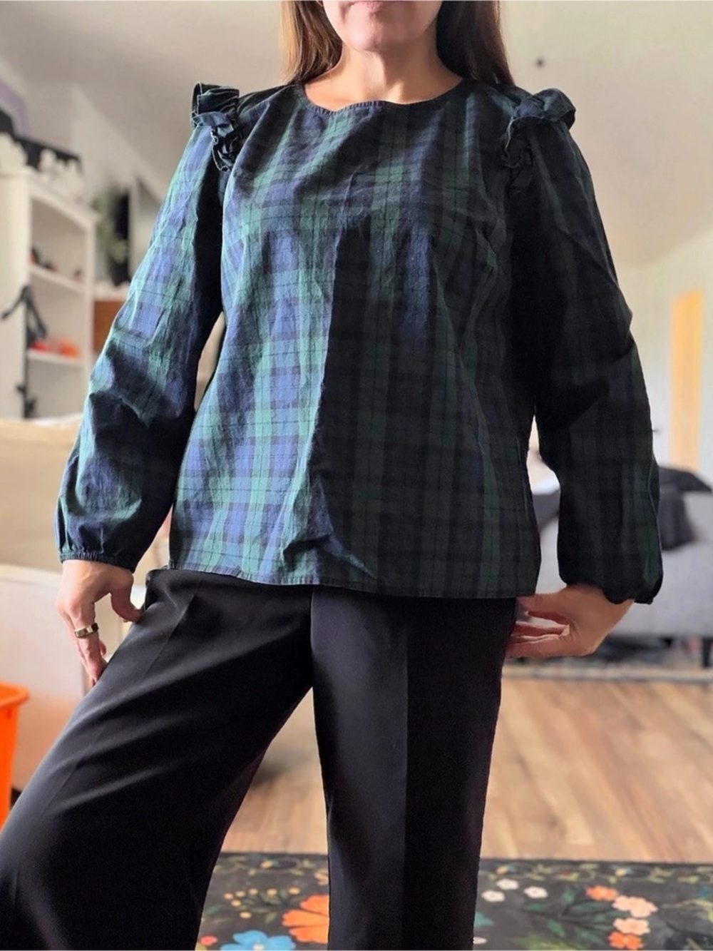 J. Crew Flutter Sleeve Top - Blackwatch Plaid Green & Black